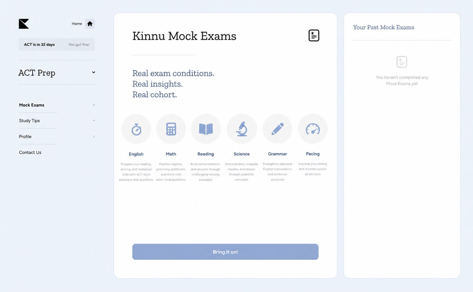 Kinnu ACT mock exam analytics