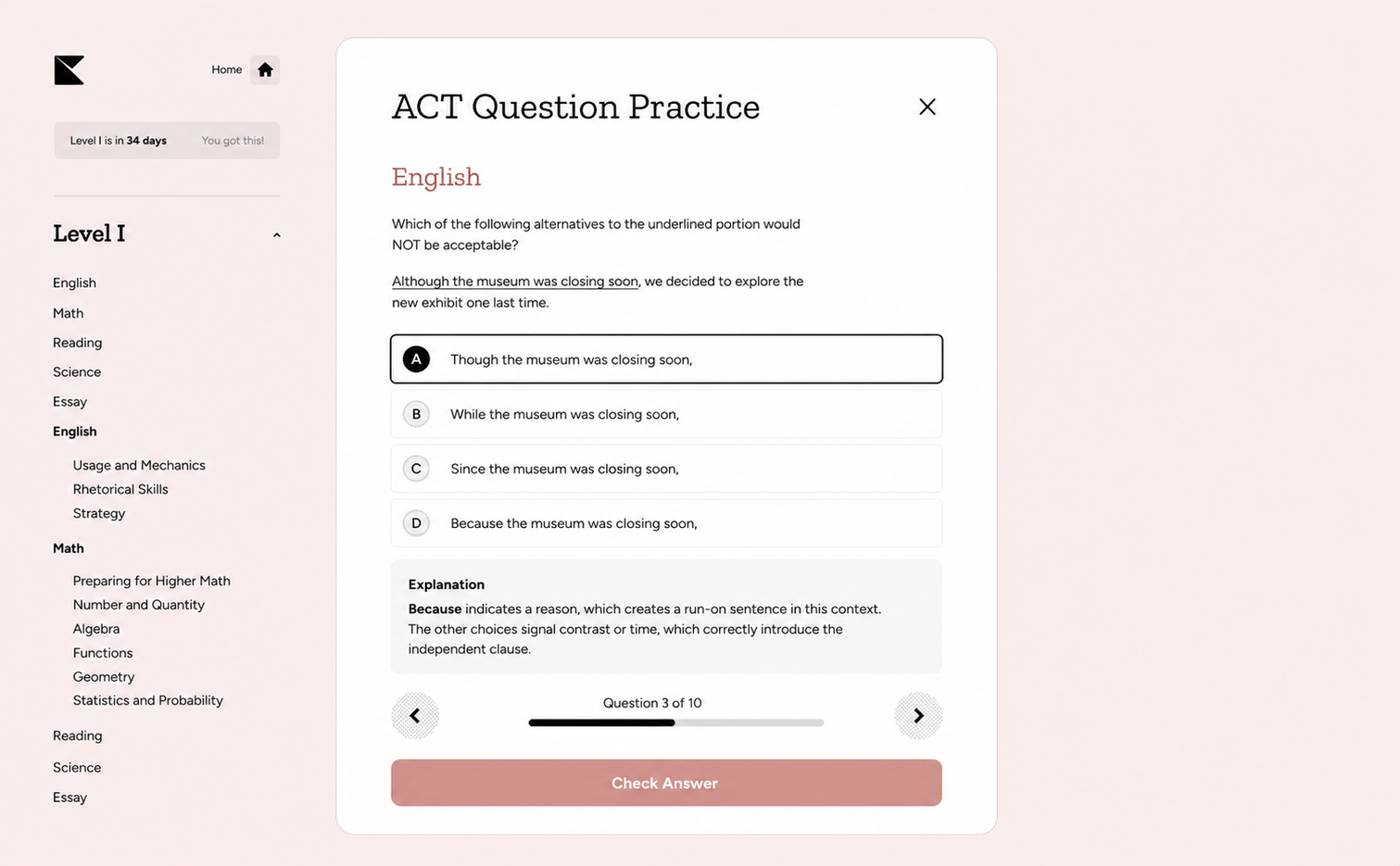 Kinnu ACT question practice