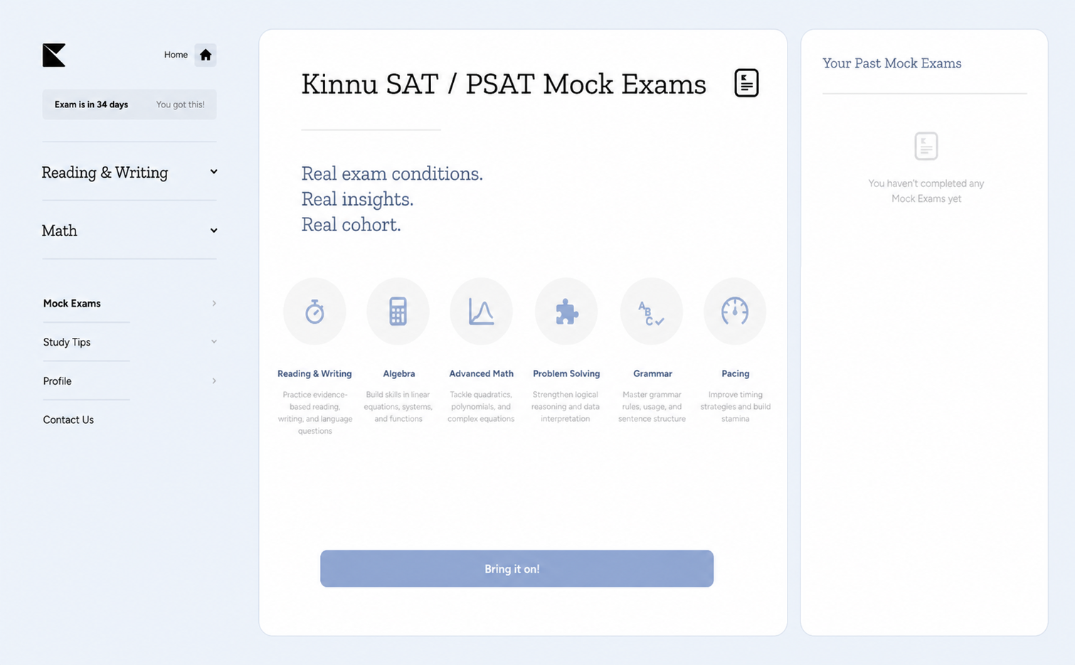 Kinnu SAT and PSAT (College Board) mock exam analytics